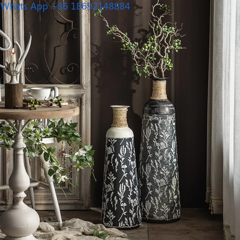 

Large Vase Vintage American Iron Art Print Ornament Living Room Dried Flower Arrangement Courtyard Homestay Decoration