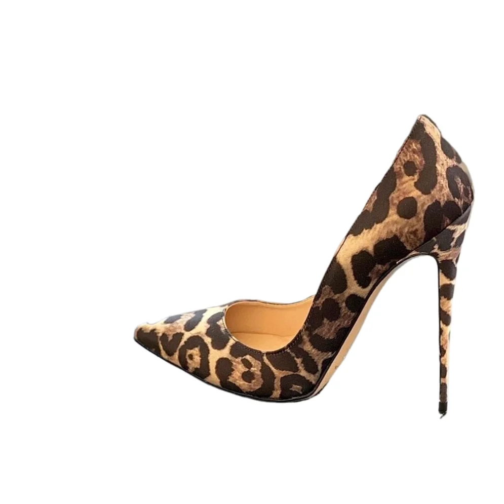 Surkova Sexy Leopard Satin Cloth High Heel Shoes 12CM 10CM 8CM Stilettos Pointed Toe Shallow Pumps Slip-on Silk Footwear Size45