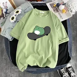 Camiseta con estampado de dinosaurio y rana para hombre y mujer, camisa de gran tamaño, estética verde, Harajuku, 100% algodón