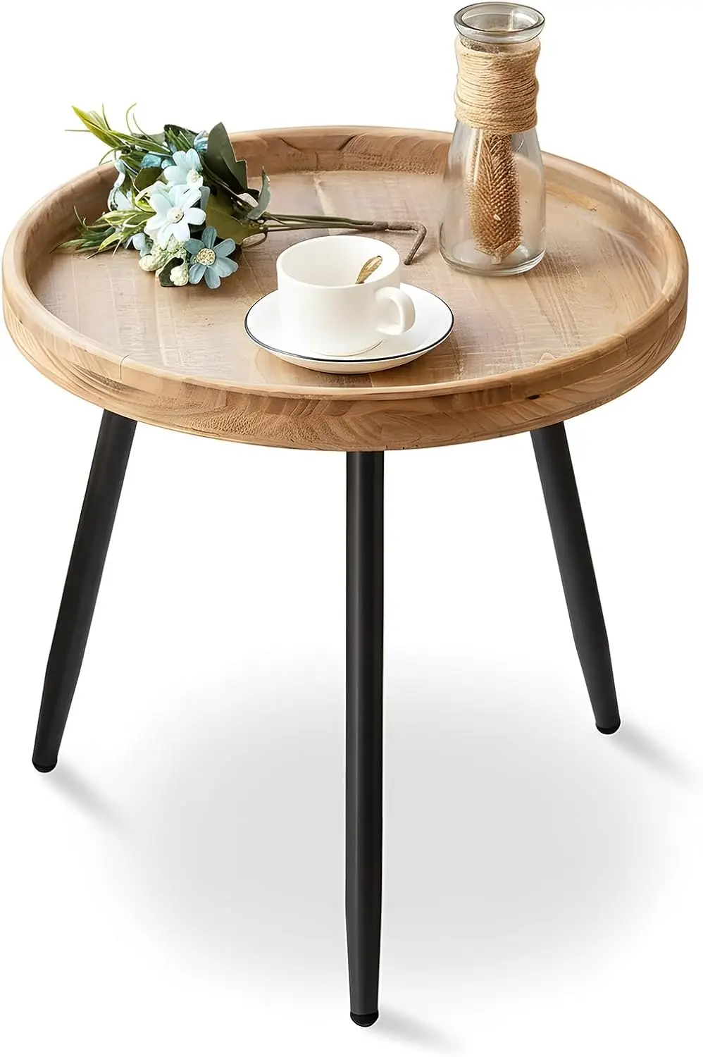 

Round End Table with Wooden Tray for Living Room Bedroom Office Small Space