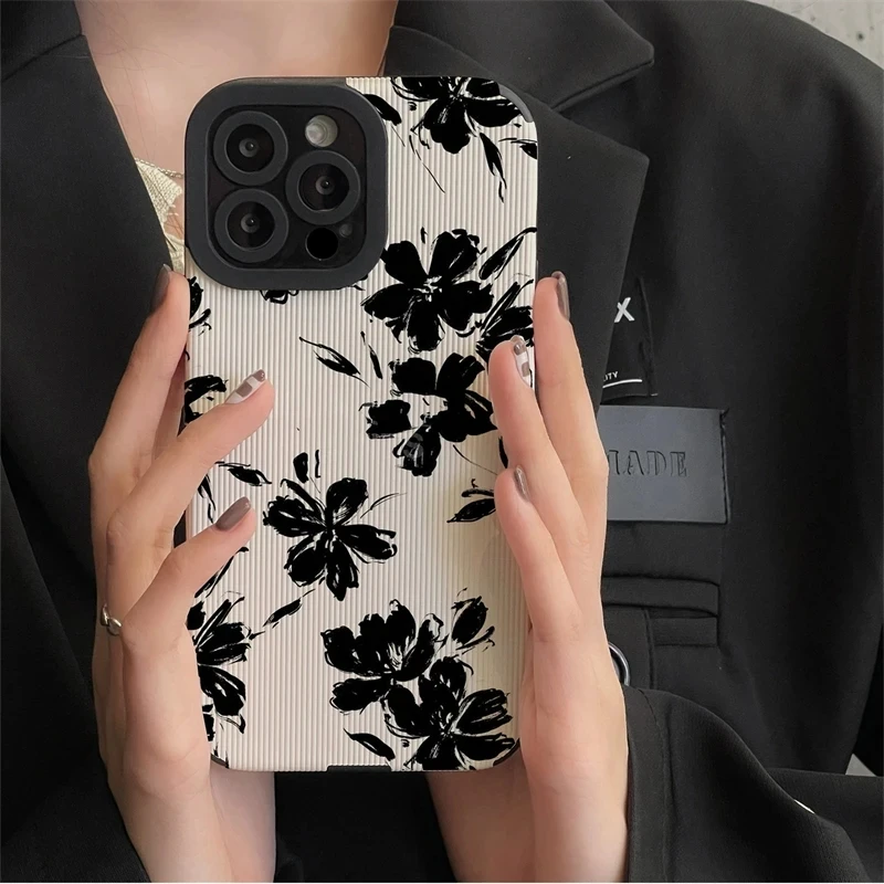 Retro Simple Ink Painting Flowers Case For iPhone 15 14 13 12 11 Pro Max 15 14plus 12 13Mini X XR XS Max 7 8Plus Soft Back Cover