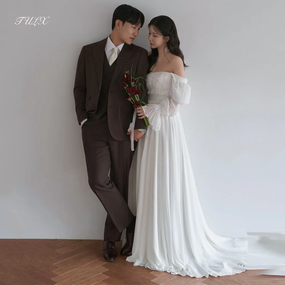 TULX Avorio Chiffon A line Abito da sposa lungo Corea Servizio fotografico Colletto quadrato Manica lunga Abiti da sposa Personalizzato Garona 2026