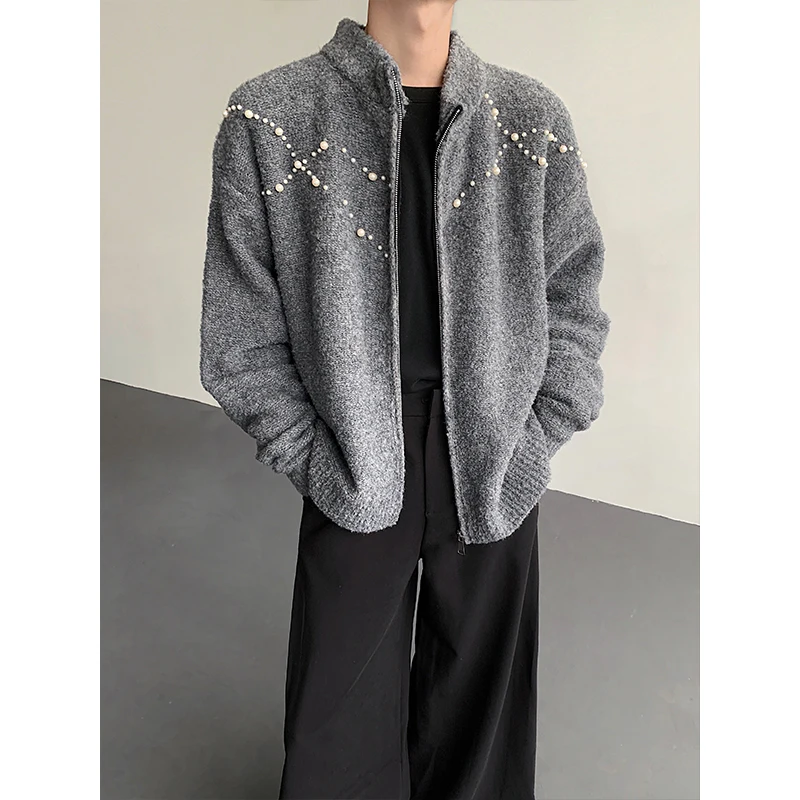 سترة رجالية محبوكة سترة شتوية نمط جديد شتاء دافئ محبوك سترة شخصية الاتجاه اللؤلؤ الديكور سترة سترة