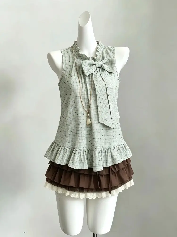 Japanese Vintage sweeti 2-Piece Set Women Bow Ruffle Plaid Crop Top + Lace Trim Layered Mini Skirt Summer New Casual Outfits view 2