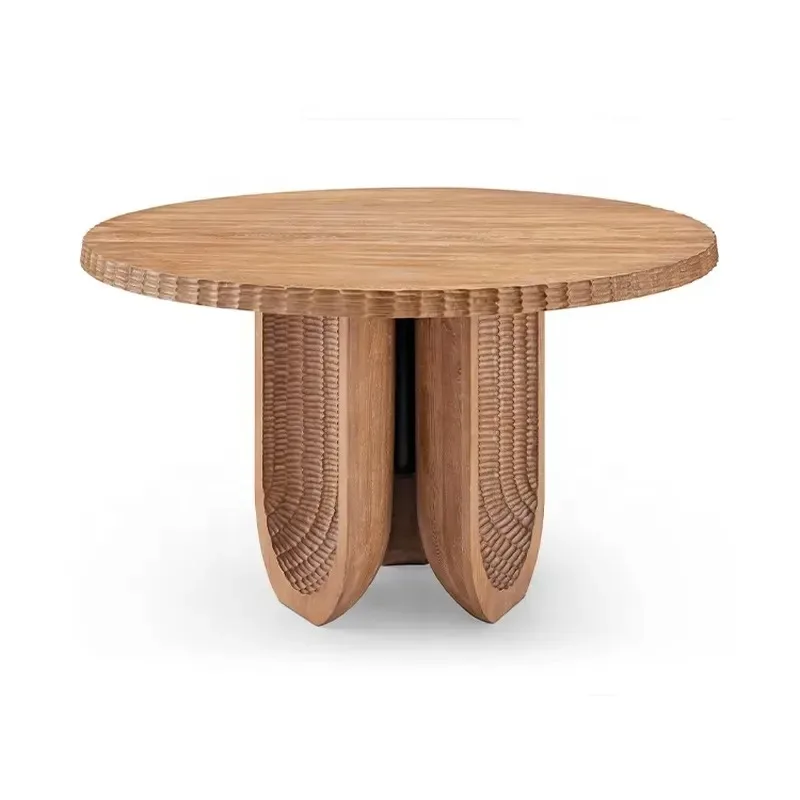 Solid wood top and natural forged pattern base Modern smart white oak round coffee table