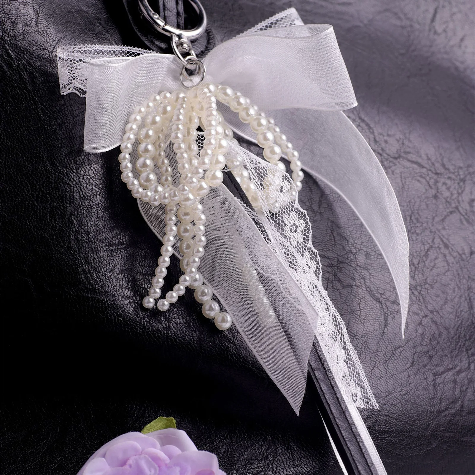 Pearl Bows Backpack Key Rings Pendant Bag Double Layer Bows Keyring Pearl Lace Pearl Beads Sturdy Key Holder for Backpacks