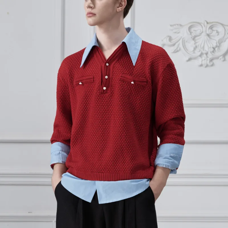 

WVGA Tops Spring Autumn New Man Fake Two-Piece Color-Block Trendy Design Niche Chic Casual Patchwork Knitted Sweaters Ins W11784