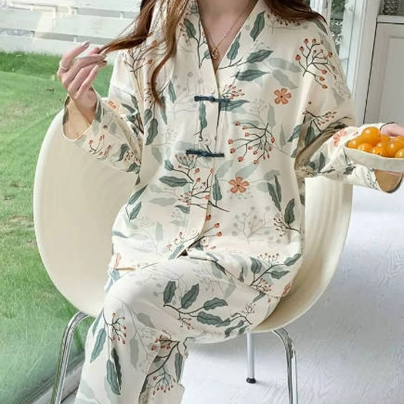 Elegant V-neck Sleepwear Floral Women Pajamas Set Autumn Faux Cotton Cardigan Pijama Casual Long Sleeves Loungewear Lady Pyjama