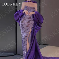 EOENKKY Mermaid Evening Dresses for Women Party Customized Side Split Detachable Train Prom Dress Sequined vestidos de fiesta
