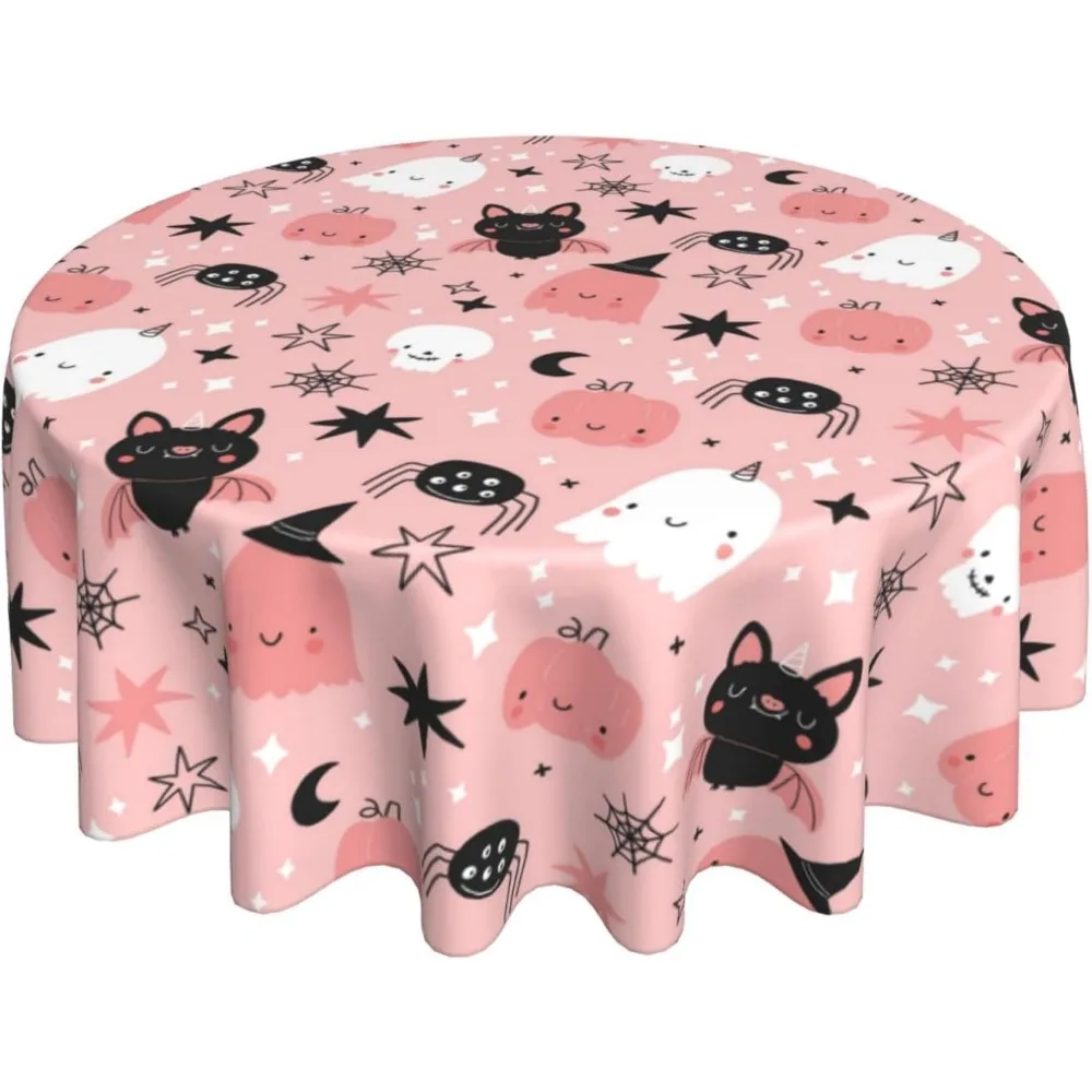 Cute Halloween Pink Tablecloth Round 60 Inch Cute Ghost Pumpkins Decorative Table Cloth Washable Wrinkle Stain-Resistant