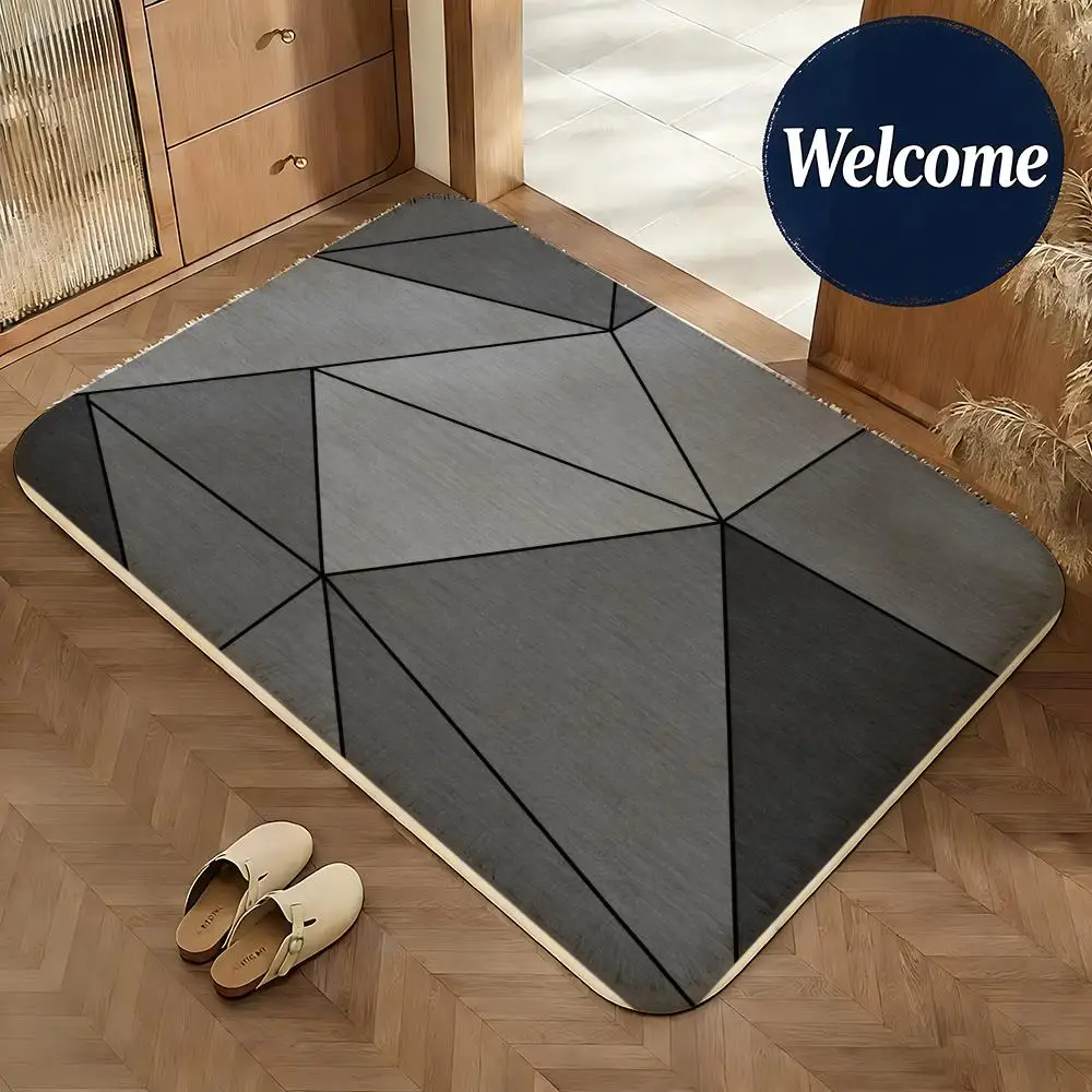 Grey Geometric Floor Mat Non-Slip Absorbent Doormat Bathroom Bedroom Home Decor Rug