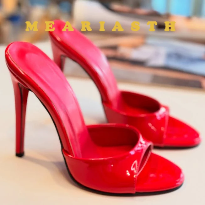 Fashion Red leather Women Slippers Rouned Open Toe High Heels Sandals Sexy Stripper Party Slides Mule Ladies Shoes Size 35-44