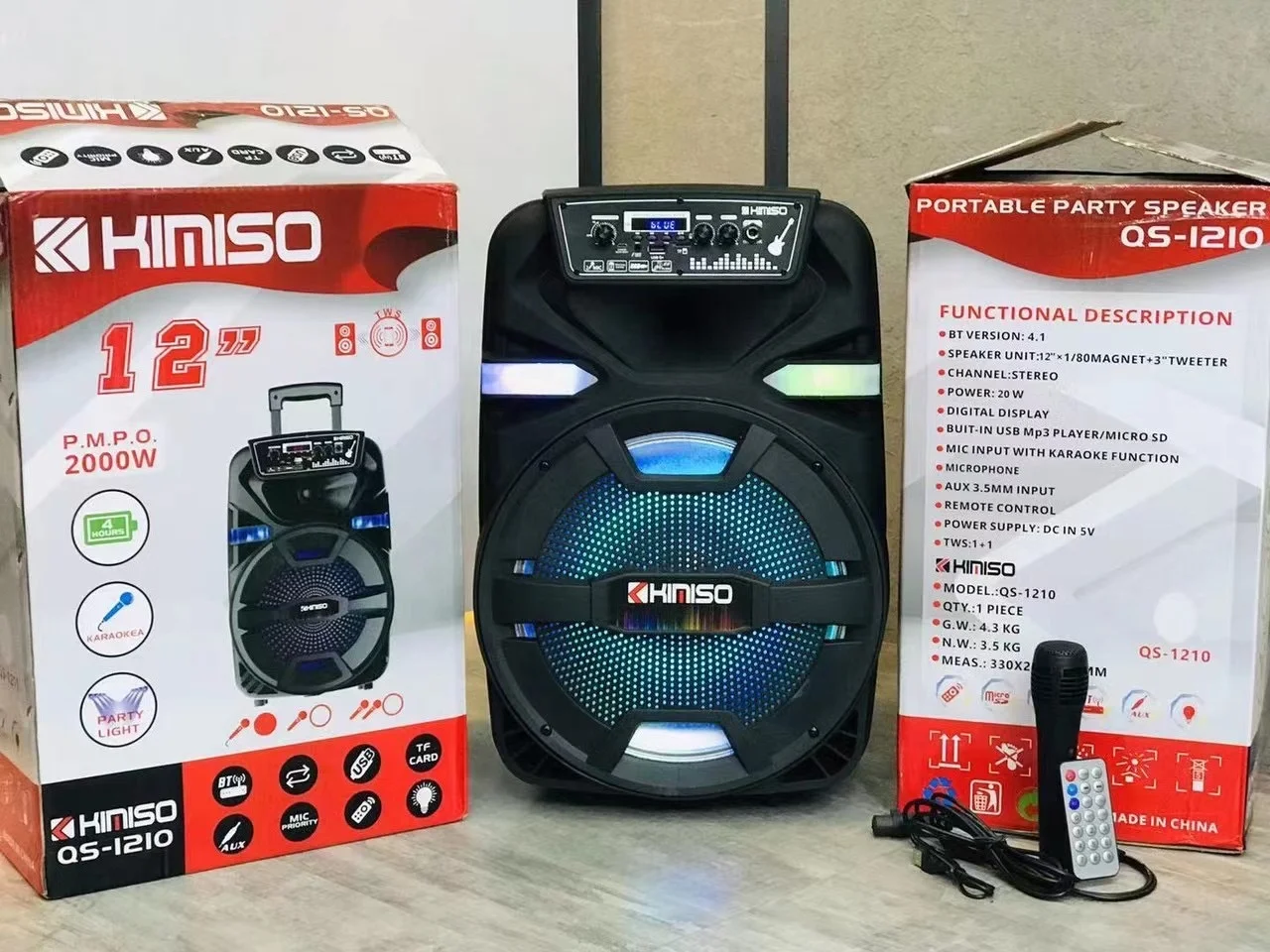 KIMISO QS1210 Qs 1210 Wireless Tooth Speaker 12 Inch Portable Trolley Speaker DJ System Subwoofer Sound Box With LED Light