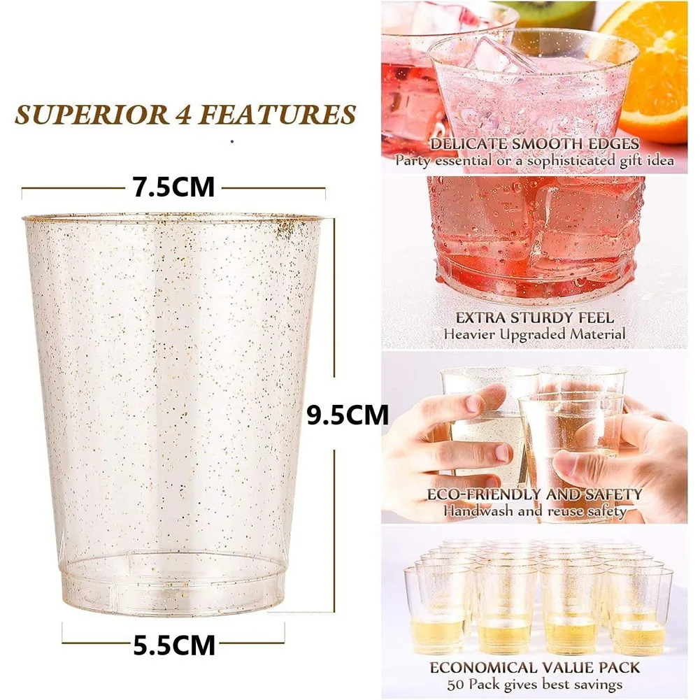 Clear Plastic Cups Gold Glitter Plastic Tumblers Reusable Drink Cups Party Wine Glasses for Champagne Cocktail Dessert