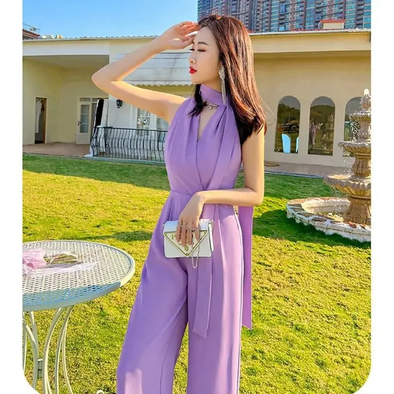 Jumpsuit Women 2023 Sexy Polyester Purple Halter Neck Wide Leg Pants Clothing Sleeveless Elegant Female Summer Overalls Rompers