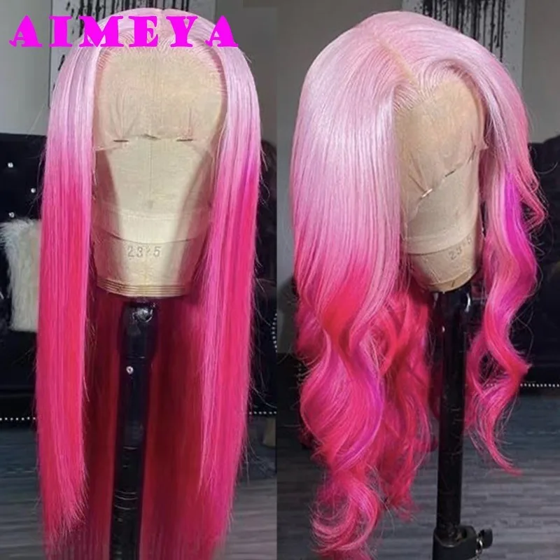 AIMEYA Ombre Pink Lace Front Wig Fashion Synthetic Wig  Long Silky Straight Body Wave Rose Red Wig Halloween Cosplay Makeup