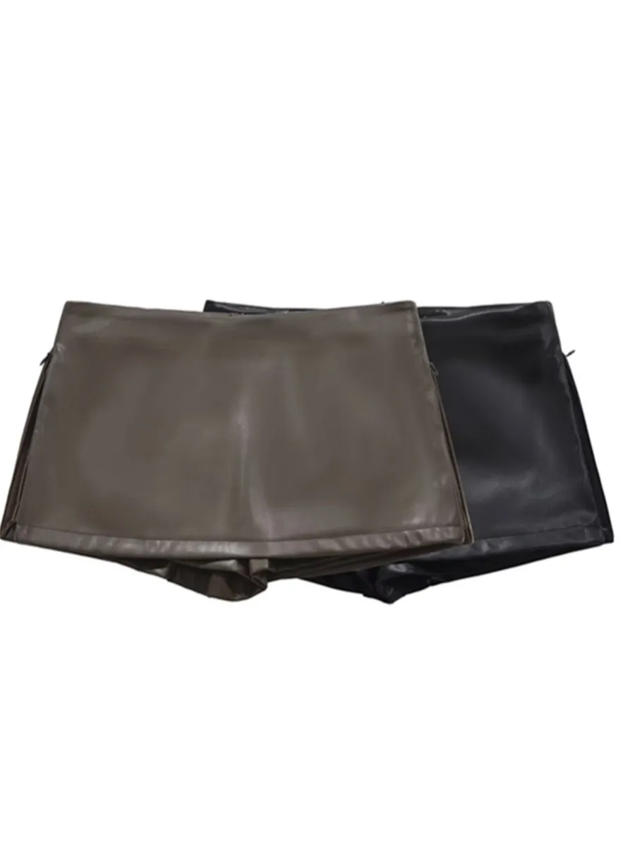 

Street Sle Американская сексуальная кожаная юбка с низкой талией и двойным разрезом, модная однотонная универсальная юбка трапециевидной формы