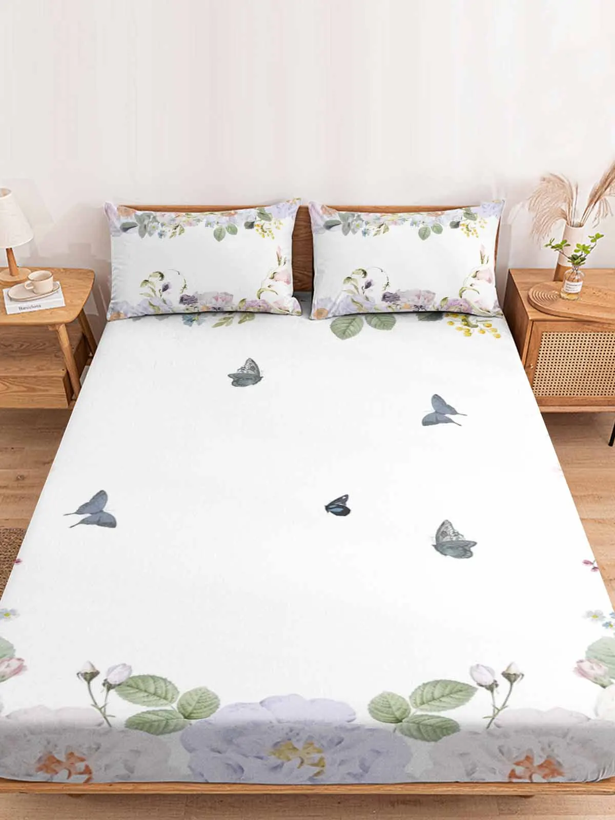 

Watercolor Butterfly Flower Plant White Fitted Sheet Mattress Cover Four Corners Elastic Band Bed Sheet With Pilllowcase