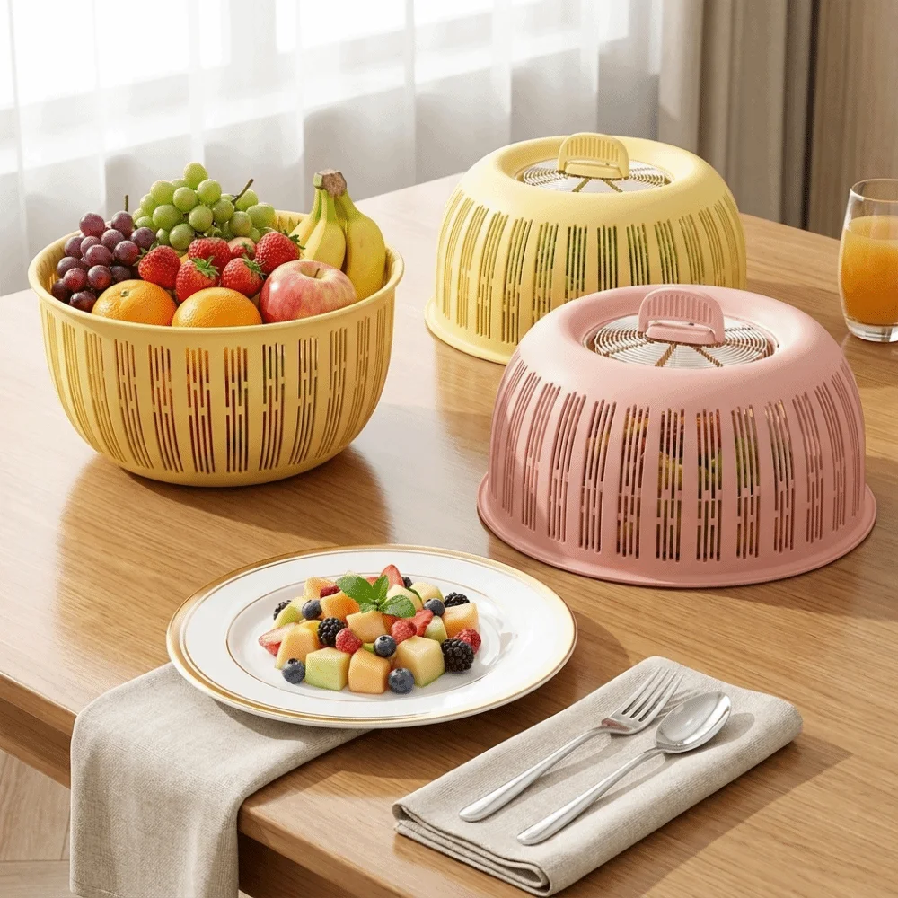 Practical 2-in-1 Anti Fly Mosquito Cover Plastic Breathable Fruit Basket Insect Proof Draining Basket Outdoor Picnic