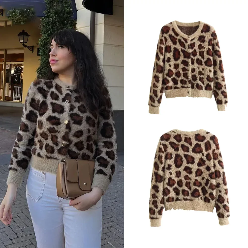 2024 Cardigan for Women Knit Wear Leopard Knitted Luxury Cardigan Sweater Women Outerwears Vintage Long Sleeve Bomber Jackets