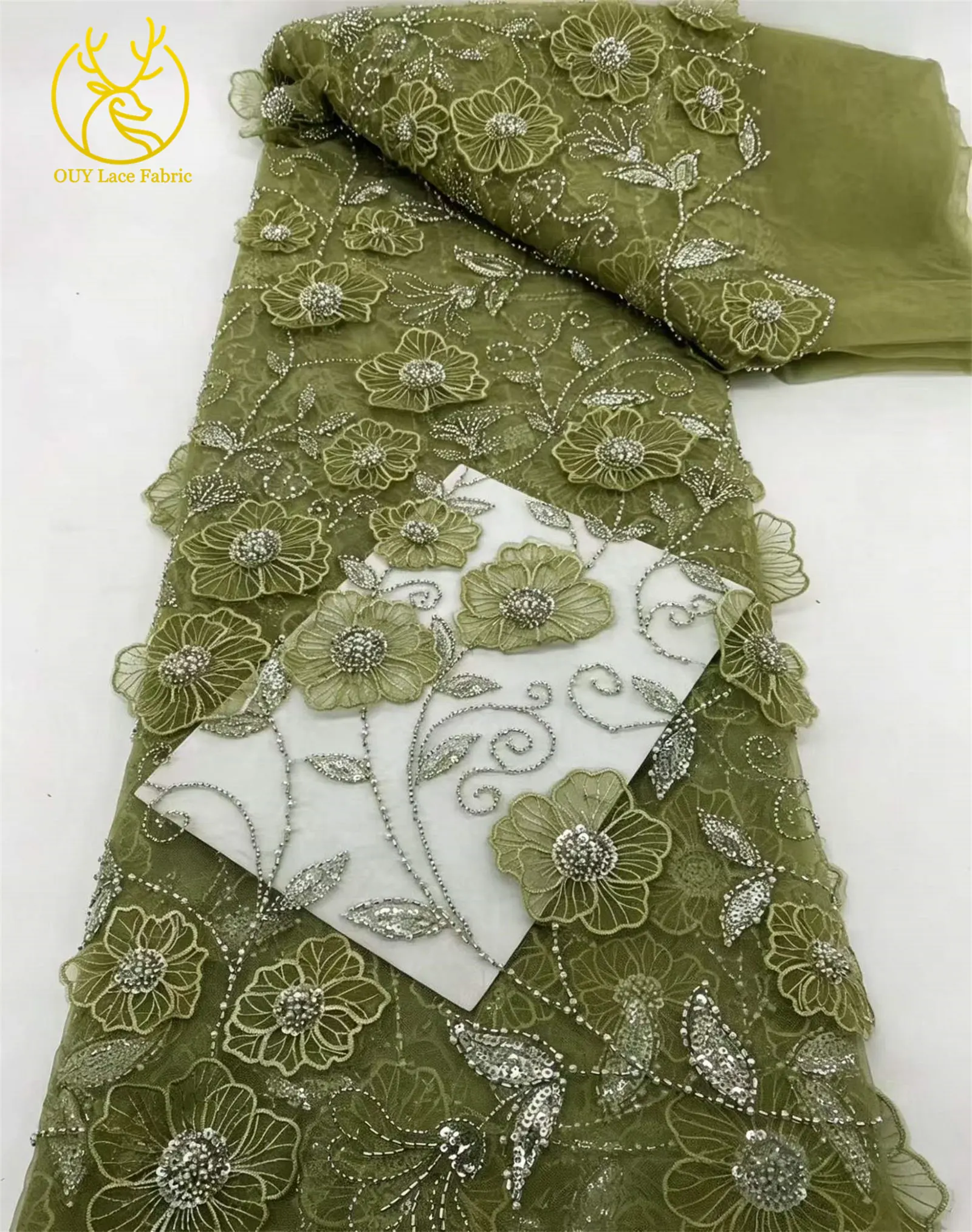 Eleganter nigerianischer 3D-Blumen-Stickerei-Spitzenstoff 2026 Hochwertiger afrikanischer Perlen-Pailletten-Spitzenstoff für Abendkleider – Detail 9