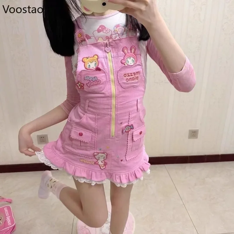 Japanese Lolita Style Strap Dress Women Sweet Bunny Cartoon Embroidery Pocket Party Mini Dress Female Kawaii Y2k Princess Dress