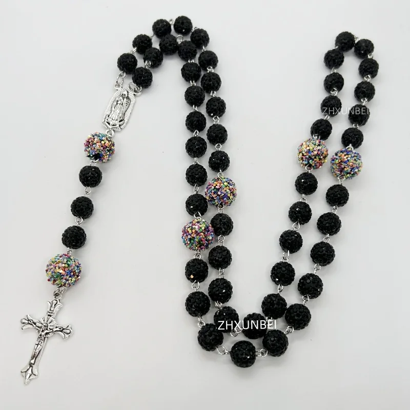 Hip Hop 10mm Rhinestone Cluster Rosary Necklace Disco Ball Beaded Pendant Catholic Our Lady of Guadalupe Prayer Rosary