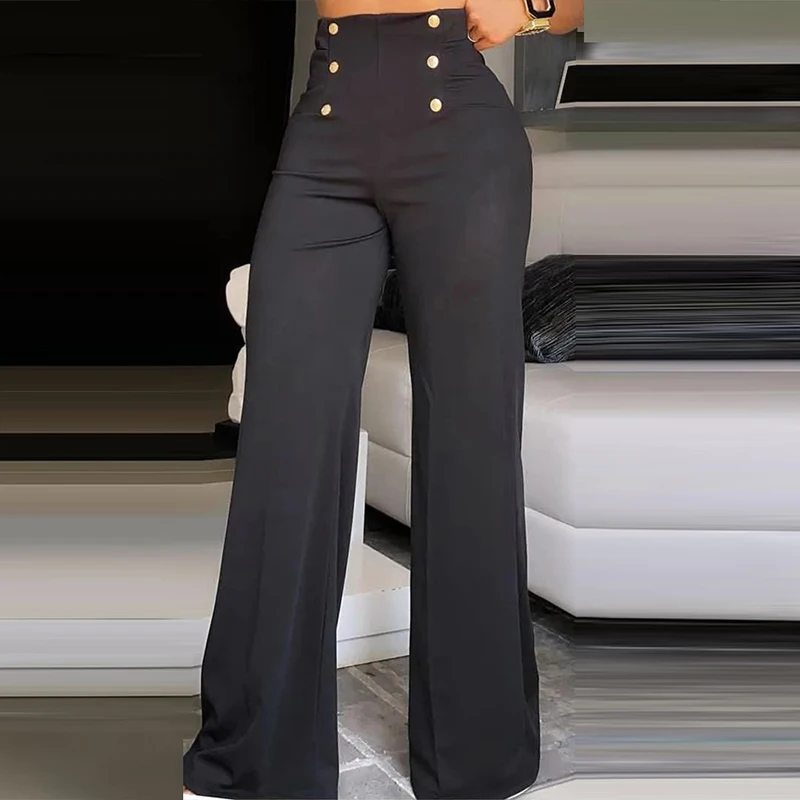 Pantalones formales ajustados de cintura alta para mujer, pantalones elegantes de pierna ancha que combinan con todo, pantalones de trabajo de doble botonadura de calle alta, moda