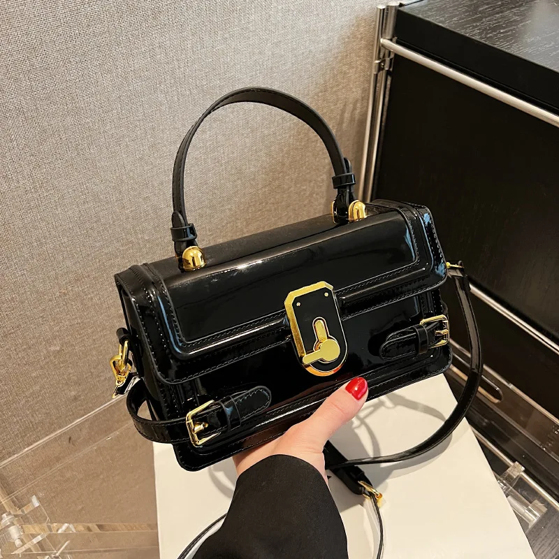 Fashion Women's Lacquer Leather Handheld New Simple Stone Pattern Small Square Bag Commuting Single Shoulder Crossbody Bag