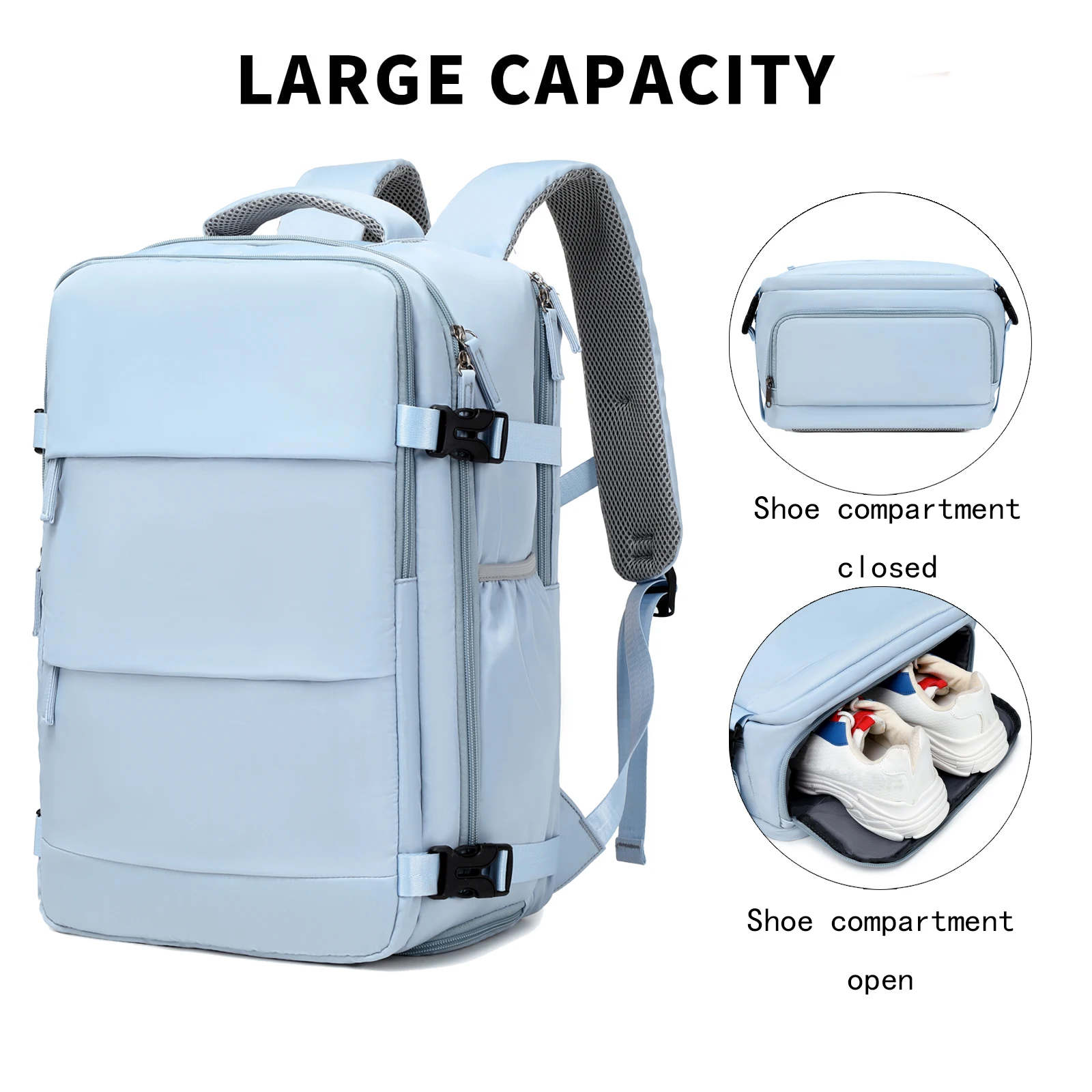 Leisure travel backpack for men and women, waterproof college student campus day bag, approved by airline with shoe compartment