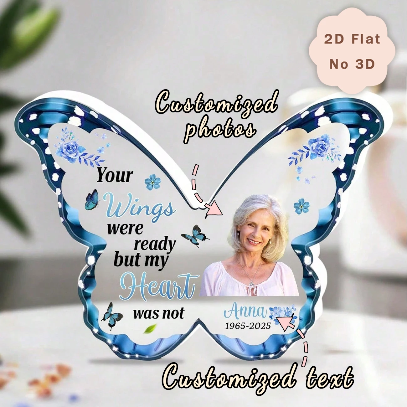 Custom Butterfly Shaped Memorial Acrylic Plaque, Personalized Photo Name Date Bereavement Sign, Sympathy Remembrance Gift Tablet