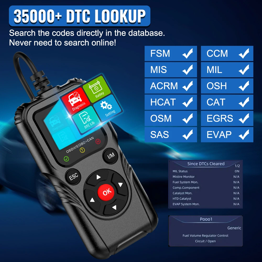 Periksa Sistem Mesin Pemindai EOBD II OBD Pembaca Kode Mobil Alat Diagnostik Mobil OBD2 ​ Kode Kesalahan Penguji Baterai YM109 Jelas