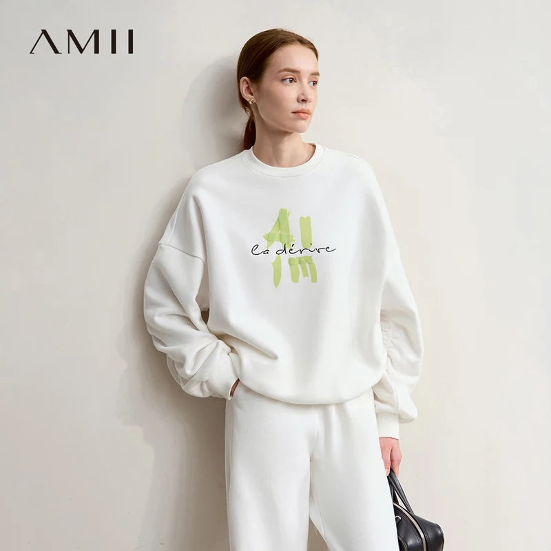

Женские толстовки AMII, новинка зимы 2025 года, повседневные универсальные толстовки с круглым вырезом, женский хлопковый топ с длинными рукавами и буквенным принтом 12544181