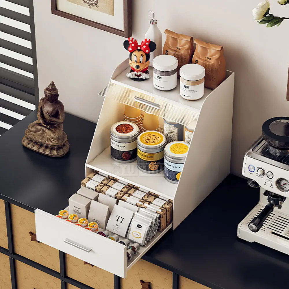 Countertop Coffee Bar Organizer Metal Drawer Storage Rack for Mugs Tea Bags Coffee Capsules