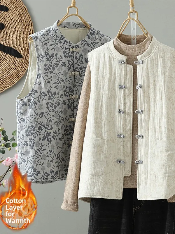 

New 2025 Chinese Sle Retro Print Cotton Vest Button Stand Collar Svel Layering Thiened Outerwear Women's Top