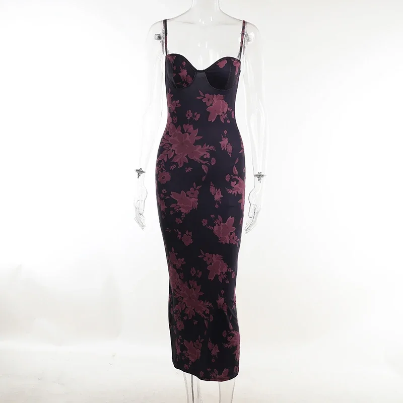 Vestido maxi estampado floral feminino, vestido de baile, malha sexy, cinta de espaguete, convidada do casamento, vestidos de noite, magros, JY23103MH