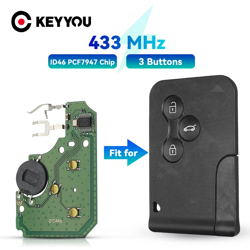 KEYYOU 3 Button 433Mhz Smart Card Remote Key Circuit Board For Renault Clio Logan Megane 2 3 Scenic ID46 PCF7947 Chip