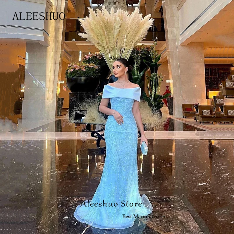 Aleeshuo Saudi Arabia Women Tulle Mermaid Prom Dressess Beading Boat Neck Formal Sleeveless Pleat Floor-Length Evening Dress2024