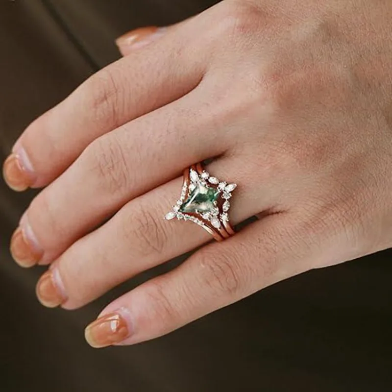 الإبداعية الأخضر حجر الطحلب المرأة خاتم العقيق الطبيعي ثلاث قطع خواتم الخطبة للنساء مجوهرات خاتم الزواج #5