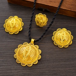 Gold Color Ethiopian Jewelry Sets Necklace Earrings Ring 3-piece Sets Dubai Wedding Bride Sets African Gifts #TZ053
