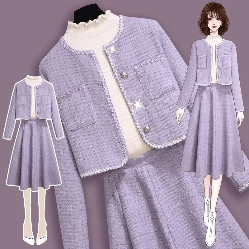 

Advanced Ladies Fashion Round Neck Two Piece Set Spring Autumn Female Tops Skirt Outfit Korean Women Large Size 2PCS JJ605