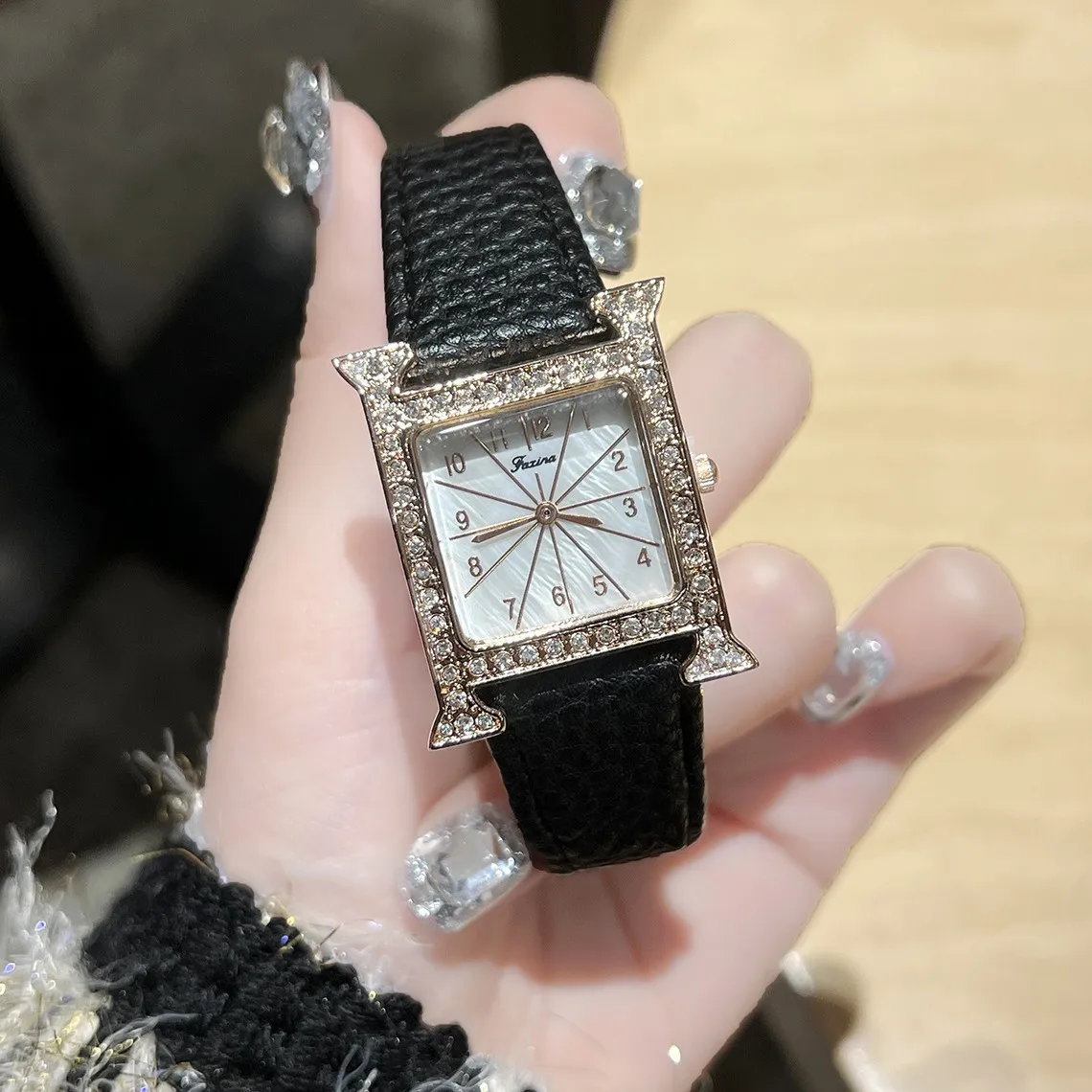 KAIRIS Women's Luxury Quartz Watch Rectangle Rhinestone Case Black Leather Strap Elegant Fashion Wristwatch for Ladies Jewelry W