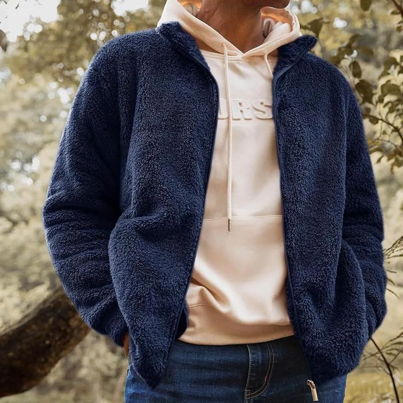 

Autumn And Winter New Men's Casual Plush Jacket Loose Hooded Zipper Solid Color Coat Men