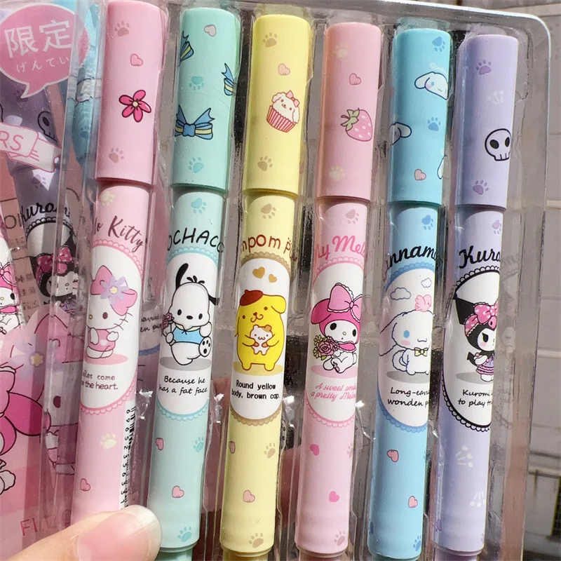 6 Pcs Sanrio Fluorescent Pen Kawaii Anime Marker Pen Cute Kuromi Hello Kitty Creative Stationery Originality Children Gifts