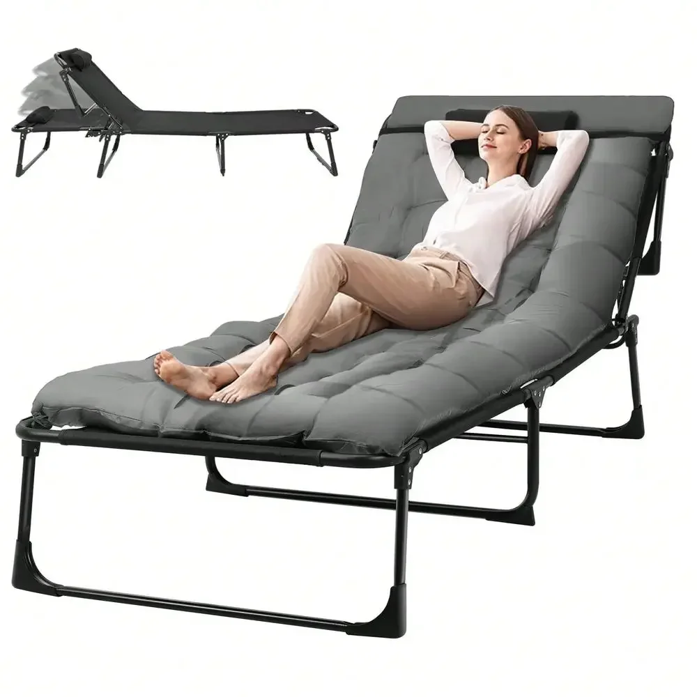 Capacity Extra Wide Folding Camping Cot Bed, 4 Position Chaise Lounge Chair, Foldable Bed With Removable Mattress And Pillow, P