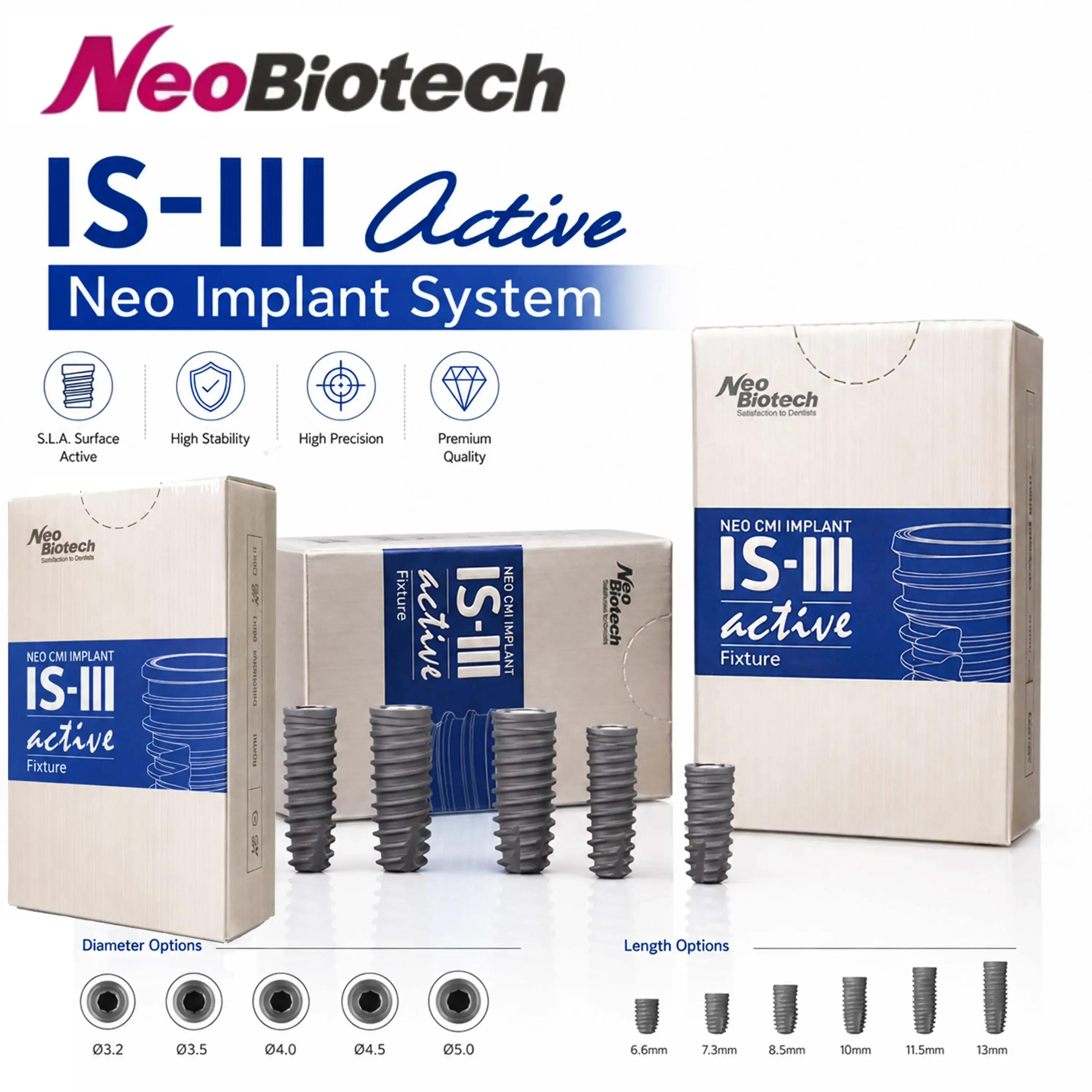 NeoBiotech IS‑III Active CMI Dental Implant, SLA Surface Internal Hex Titanium Fixture D3.0-5.0, D4.0×L10 Bone Level Restoration