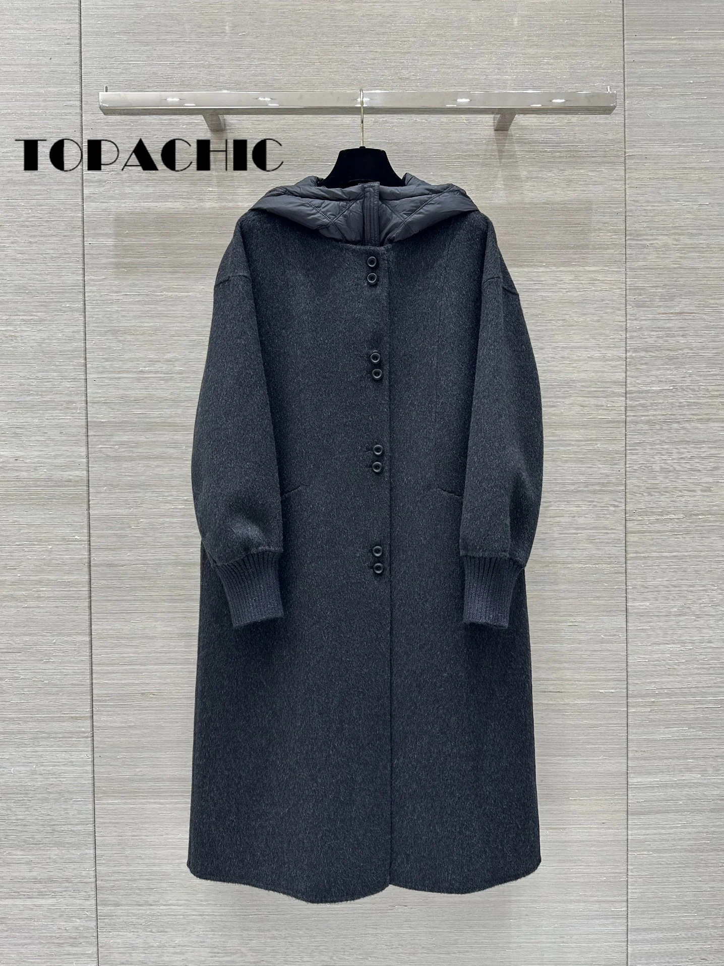 10.7 TOPACHIC-Women Two Piece Set Design Hooded Down Lining Double-Sided Wool Coat Cuff Ribbed Knit Straight Button Outerwear