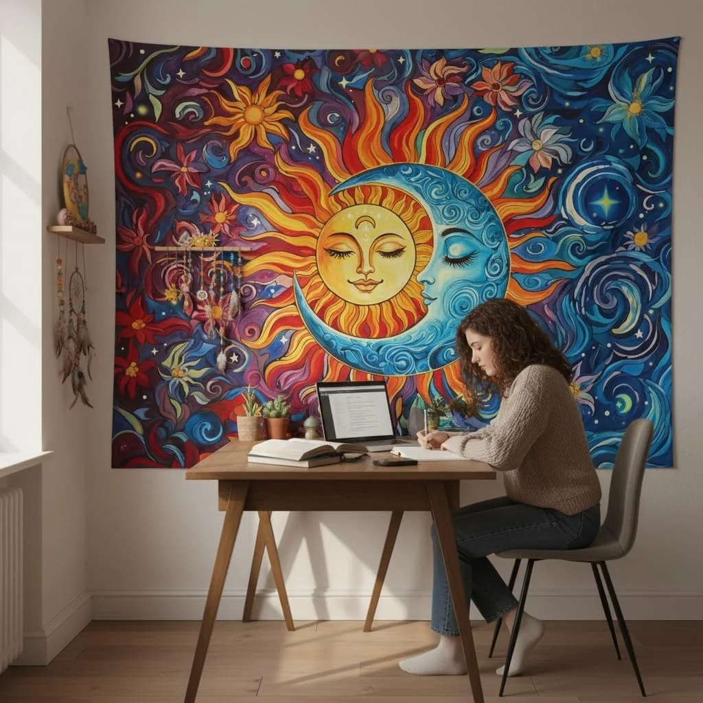 Vibrant Sun and Moon Celestial Galaxy Tapestry Boho Wall Hanging Spiritual Astrology Decor for Bedroom Living Room