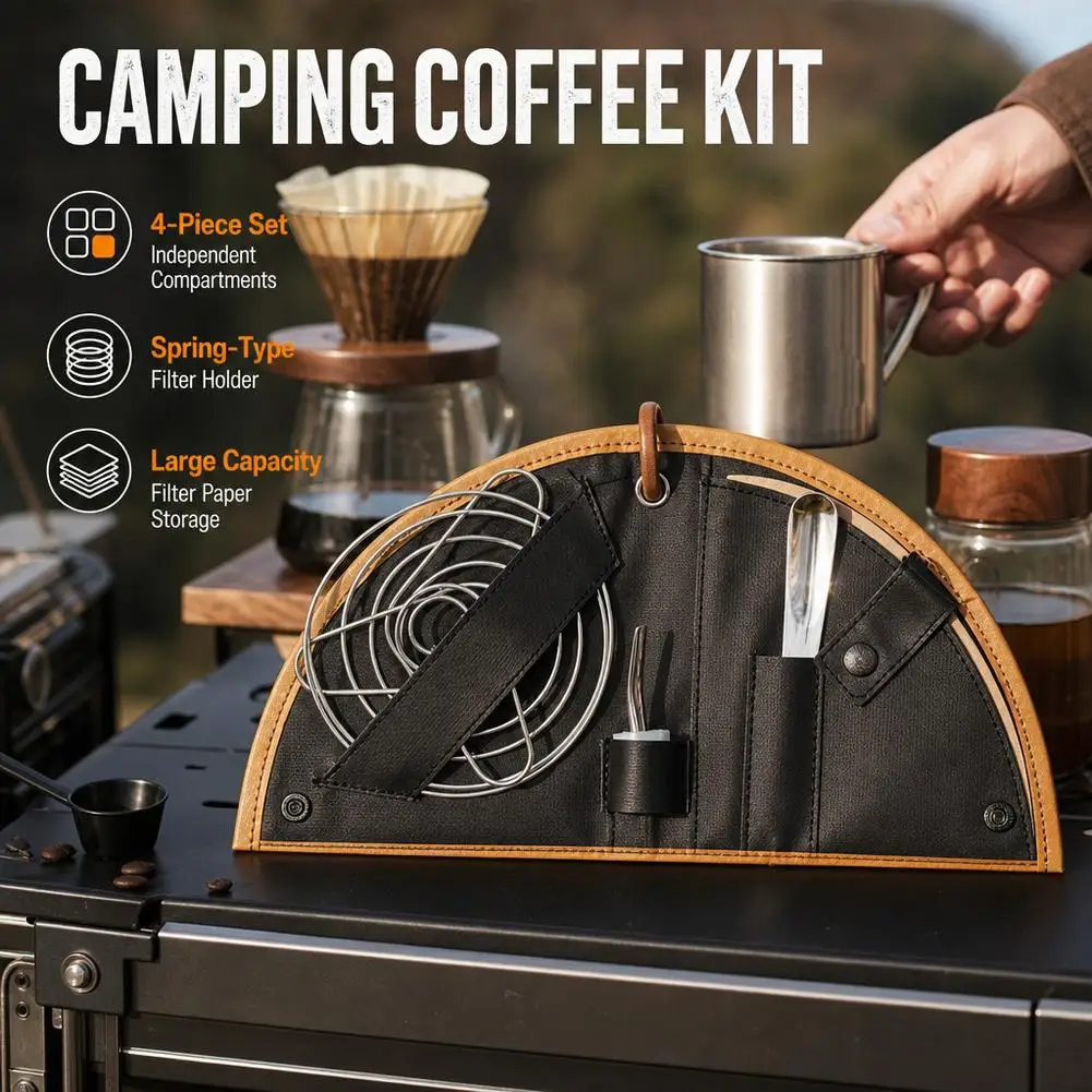 Portable Camping Coffee Set Collapsible Coffee Filter Rack Holder Paper Storage Bag Spoon Spout Outdoor Pour Over Coffee Kit