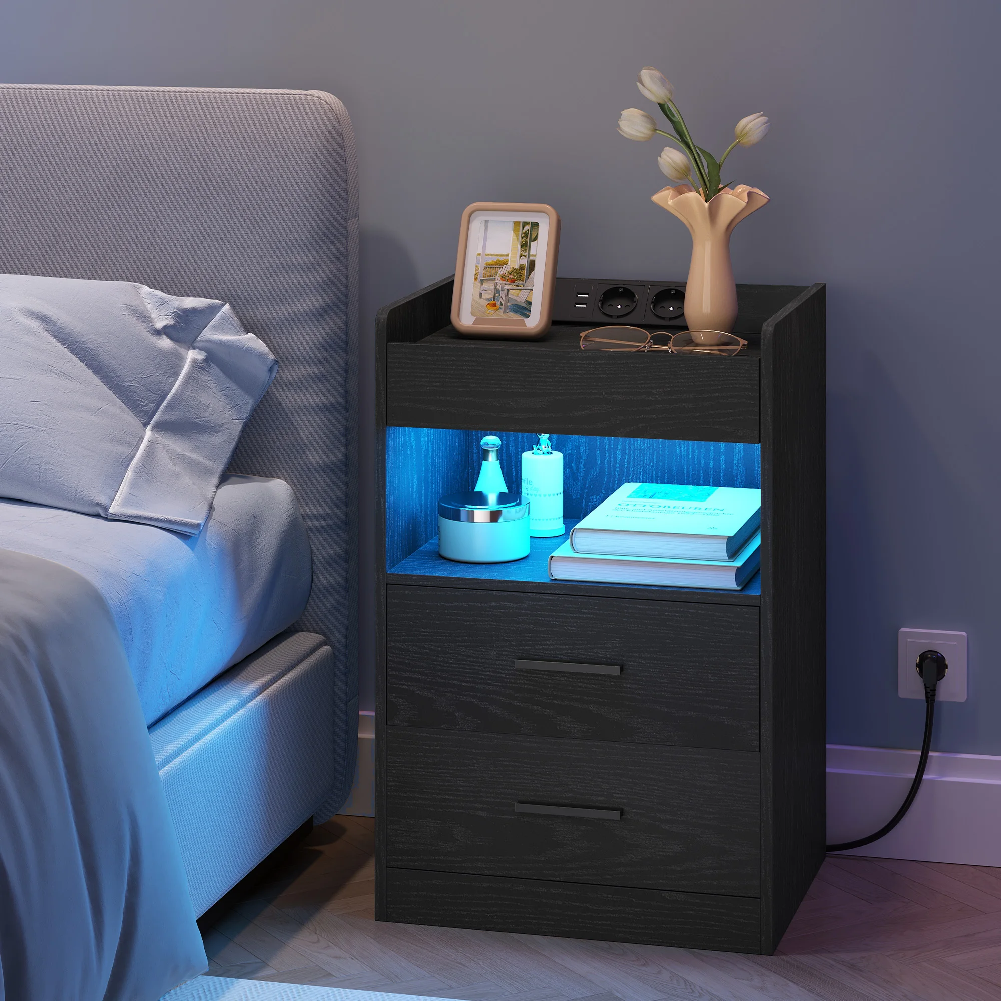 Black Dual Bedside Set Equipped with Trays, LED and Port, Two Drawer Nightstand for Bedroom & Living Room